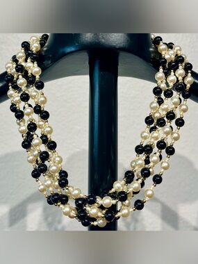 Vintage Six-Strand Black and Ivory Bead Necklace